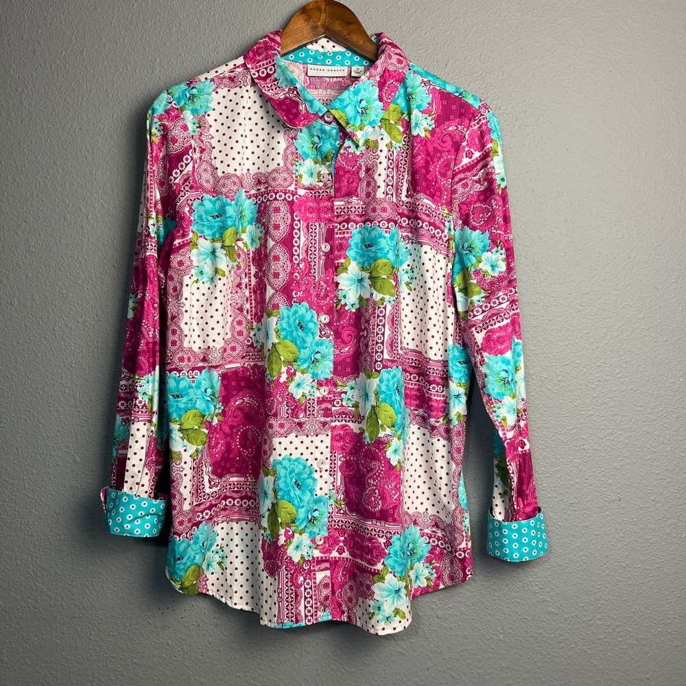 Susan Graver Patchwork Button Down Size 10 Floral… - image 2